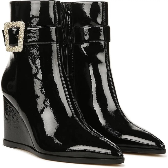 Sam Eldelman Weslie Wet Faux Leather Big Buckle Pointed Toe Wedge Bootie 6 - Picture 1 of 11